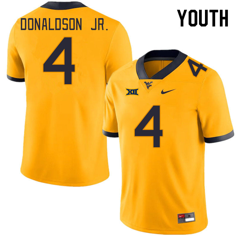 Youth #4 CJ Donaldson Jr. West Virginia Mountaineers College Football Jerseys Stitched Sale-Gold - Click Image to Close